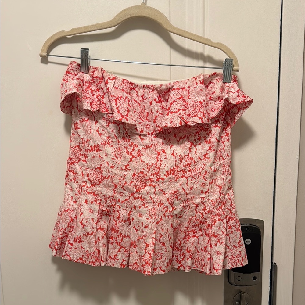 ANTONIO MELANI Red and White Floral Off-Shoulder Ruffled Top